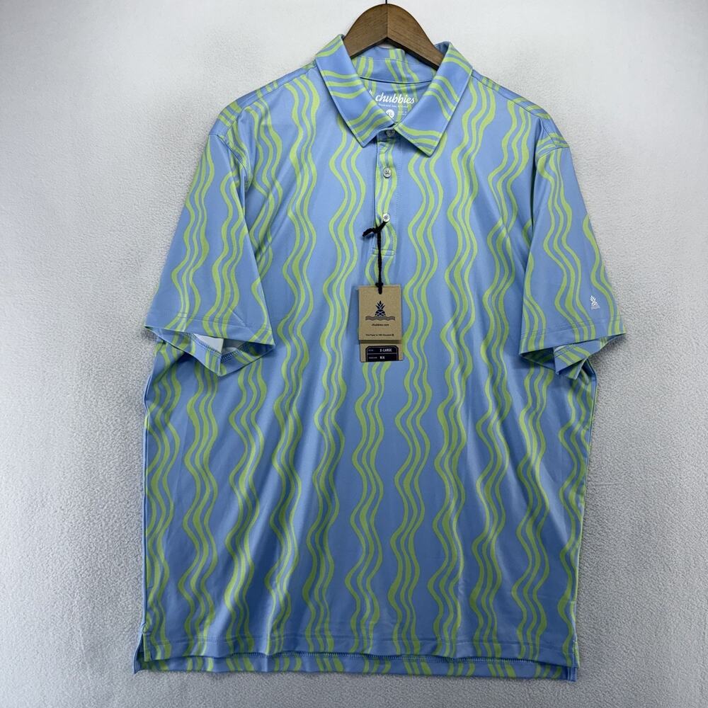 Chubbies Polo Shirt Mens XL Blue Green Wavy Daze Performance Golf Tech NEW